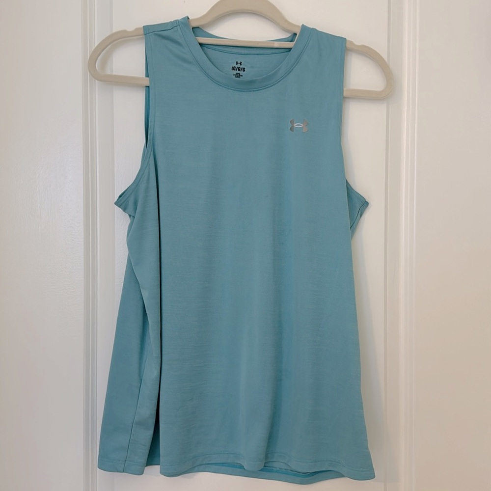 Sleeveless Under Armour Teal/Aqua/Blue Athletic Workout Top, Size L
